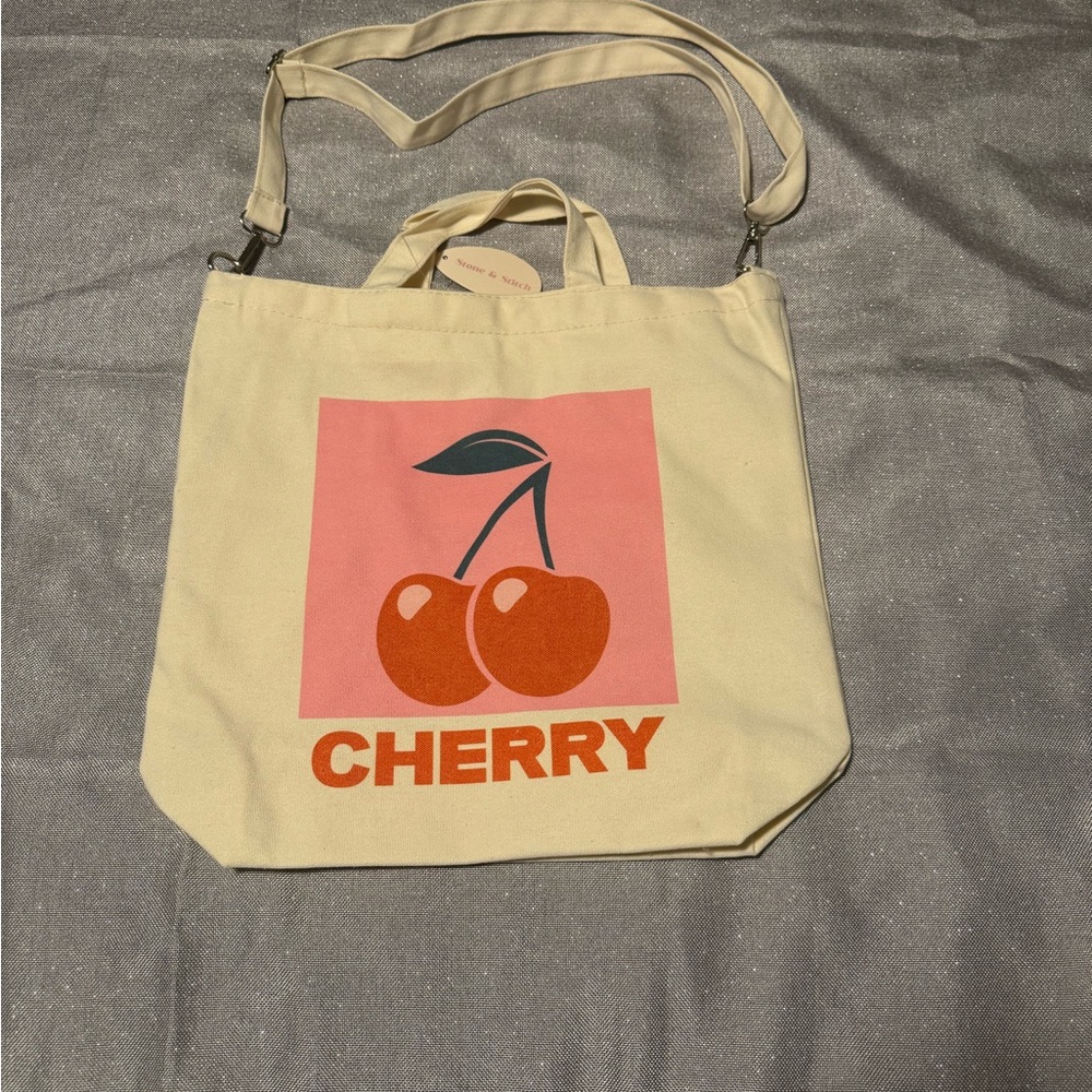 Cream and Pink Graphic Tote Bag with Crossbody Strap